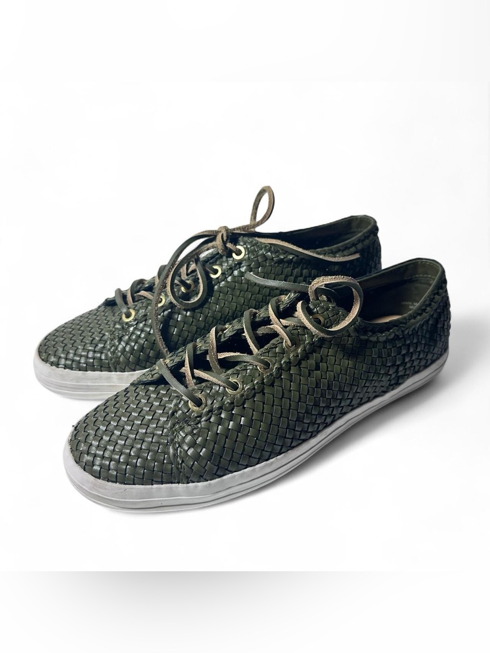 Talbots Hilly Woven Faux Leather Sneakers Bay Leaf Olive Green Womens 9.5